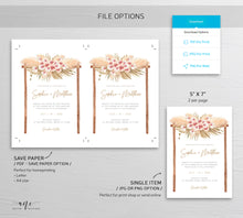 Load image into Gallery viewer, Pampas Grass Arch Wedding Invitation Set Template, Tropical Boho Dry Fluffy Grass Palm Leaf, Bohemian Desert Orchid, Printable, Download 017