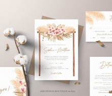 Load image into Gallery viewer, Pampas Grass Arch Wedding Invitation Set Template, Tropical Boho Dry Fluffy Grass Palm Leaf, Bohemian Desert Orchid, Printable, Download 017