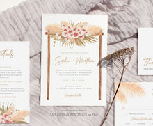 Load image into Gallery viewer, Pampas Grass Arch Wedding Invitation Set Template, Tropical Boho Dry Fluffy Grass Palm Leaf, Bohemian Desert Orchid, Printable, Download 017