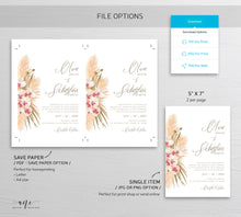 Load image into Gallery viewer, Pampas Grass Wedding Invitation Template, Tropical Boho Dried Fluffy Grass Palm Leaf Invite, Bohemian Desert Orchid, Printable, Download 017