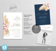 Load image into Gallery viewer, Pampas Grass Wedding Invitation Template, Tropical Boho Dried Fluffy Grass Palm Leaf Invite, Bohemian Desert Orchid, Printable, Download 017
