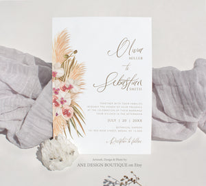 Pampas Grass Wedding Invitation Template, Tropical Boho Dried Fluffy Grass Palm Leaf Invite, Bohemian Desert Orchid, Printable, Download 017