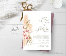 Load image into Gallery viewer, Pampas Grass Wedding Invitation Template, Tropical Boho Dried Fluffy Grass Palm Leaf Invite, Bohemian Desert Orchid, Printable, Download 017