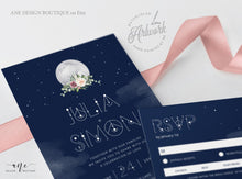 Load image into Gallery viewer, Celestial Moon Wedding Invitation Set Template, Starry Night Sky Wedding Suite, Mystic Sacred Geometry, Navy Blue Galaxy Space, Editable 022