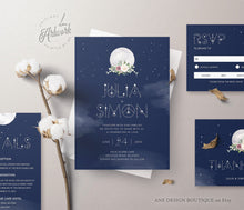 Load image into Gallery viewer, Celestial Moon Wedding Invitation Set Template, Starry Night Sky Wedding Suite, Mystic Sacred Geometry, Navy Blue Galaxy Space, Editable 022