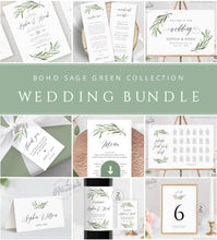 Load image into Gallery viewer, Boho Sage Green Wedding Template BUNDLE, Garden Lake Greenery Invitation Set, Wedding Signs, Editable, Printable, Download, DIY Templett 008