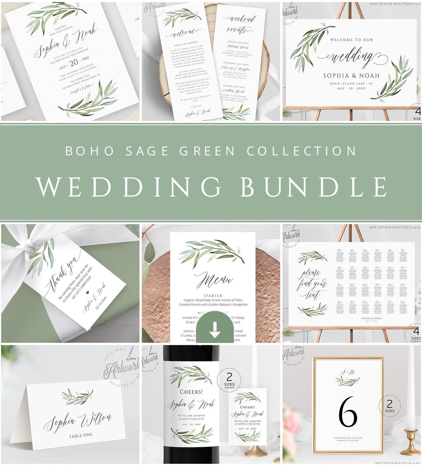 Boho Sage Green Wedding Template BUNDLE, Garden Lake Greenery Invitation Set, Wedding Signs, Editable, Printable, Download, DIY Templett 008