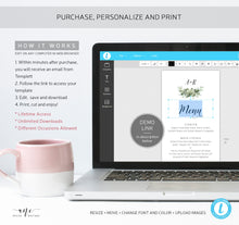 Load image into Gallery viewer, Rustic Greenery Wedding Menu Template, Eucalyptus Monogram Printable Dinner Menu Card, Bridal Shower Menu, Fully Editable Download DIY 018