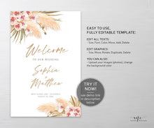Load image into Gallery viewer, Boho Pampas Grass Wedding Welcome Sign Template, Modern Tropical Beach Editable Poster Sign, Orchid Dried Grass, Printable, DIY Download 017