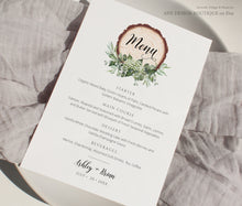 Load image into Gallery viewer, Rustic Greenery Wedding Menu Template, Eucalyptus Wood Slice Printable Dinner Menu Card, Bridal Shower Menu, Fully Editable Download DIY 018
