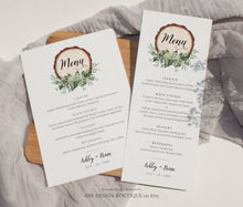 Load image into Gallery viewer, Rustic Greenery Wedding Menu Template, Eucalyptus Wood Slice Printable Dinner Menu Card, Bridal Shower Menu, Fully Editable Download DIY 018