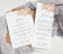 Load image into Gallery viewer, Pampas grass Wedding Menu Template, Boho Dried Grass Printable Dinner Menu Card, Tropical Bridal Shower Menu Fully Editable Download DIY 017