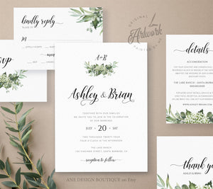 Greenery Monogram Wedding Invitation Set Template, Eucalyptus, Baby's Breath, Rustic Country Barn Boho, 100% Editable Printable Download 018