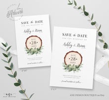 Load image into Gallery viewer, Rustic Wood Slice Save The Date Template, Greenery Eucalyptus Baby's Breath Printable Wedding Date Announcement Card, Editable, Download 018