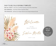 Load image into Gallery viewer, Boho Pampas Grass Bridal Shower Welcome Sign Template, Modern Tropical Beach, Editable Horizontal Shower Printable Poster Sign, Download 017