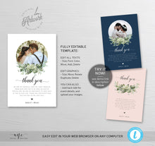 Load image into Gallery viewer, Photo Greenery Thank You Letter Template, Rustic Wedding Menu Thank You Napkin Note, Printable In Lieu of Favor, Editable 4x6in Download 018