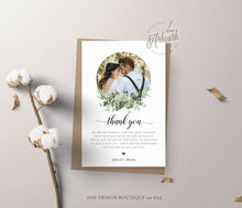 Load image into Gallery viewer, Photo Greenery Thank You Letter Template, Rustic Wedding Menu Thank You Napkin Note, Printable In Lieu of Favor, Editable 4x6in Download 018