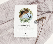 Load image into Gallery viewer, Photo Greenery Thank You Letter Template, Rustic Wedding Menu Thank You Napkin Note, Printable In Lieu of Favor, Editable 4x6in Download 018