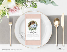 Load image into Gallery viewer, Photo Greenery Thank You Letter Template, Rustic Wedding Menu Thank You Napkin Note, Printable In Lieu of Favor, Editable 4x6in Download 018