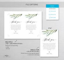 Load image into Gallery viewer, Boho Greenery Thank You Letter Template, Rustic Wedding Menu Thank You Napkin Note, Printable In Lieu of Favor, Editable 4x6in Download, 008