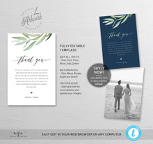 Load image into Gallery viewer, Boho Greenery Thank You Letter Template, Rustic Wedding Menu Thank You Napkin Note, Printable In Lieu of Favor, Editable 4x6in Download, 008