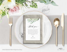 Load image into Gallery viewer, Boho Greenery Thank You Letter Template, Rustic Wedding Menu Thank You Napkin Note, Printable In Lieu of Favor, Editable 4x6in Download, 008