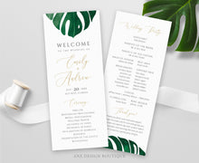 Load image into Gallery viewer, Tropical Monstera Wedding Program Template, Printable Order of Service, Destination Beach Wedding, Monstera Leaf, 100% Editable Download 003