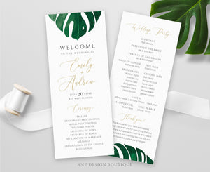 Tropical Monstera Wedding Program Template, Printable Order of Service, Destination Beach Wedding, Monstera Leaf, 100% Editable Download 003