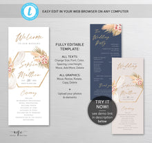 Load image into Gallery viewer, Pampas Grass Floral Printable Wedding Program Template, Editable Order of Service, Boho Wooden Arch, Dried Grass Palm Mauve Blush Roses, 017