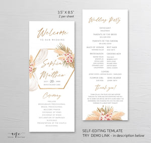Pampas Grass Floral Printable Wedding Program Template, Editable Order of Service, Boho Wooden Arch, Dried Grass Palm Mauve Blush Roses, 017