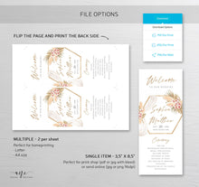 Load image into Gallery viewer, Pampas Grass Floral Printable Wedding Program Template, Editable Order of Service, Boho Wooden Arch, Dried Grass Palm Mauve Blush Roses, 017