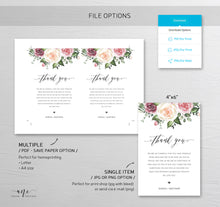 Load image into Gallery viewer, Mauve Roses Thank You Letter Template, Rustic Wedding Menu Thank You Napkin Note, Printable In Lieu of Favor, Editable 4x6in, Download, 007
