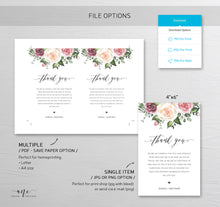 Load image into Gallery viewer, Mauve Roses Thank You Letter Template, Rustic Wedding Menu Thank You Napkin Note, Printable In Lieu of Favor, Editable 4x6in, Download, 007