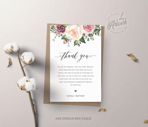 Mauve Roses Thank You Letter Template, Rustic Wedding Menu Thank You Napkin Note, Printable In Lieu of Favor, Editable 4x6in, Download, 007