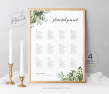 Load image into Gallery viewer, Rustic Greenery Seating Chart Template, Unique Elegant Eucalyptus Wedding Sign Table Plan, Country Barn, Editable Printable DIY Download 018