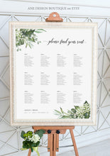 Load image into Gallery viewer, Rustic Greenery Seating Chart Template, Unique Elegant Eucalyptus Wedding Sign Table Plan, Country Barn, Editable Printable DIY Download 018