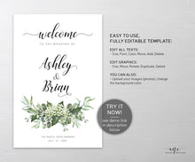 Load image into Gallery viewer, Rustic Greenery Wedding Welcome Sign Template, Country Barn Wedding Baby's Breath Bridal Reception Sign, Editable Printable DIY Download 018
