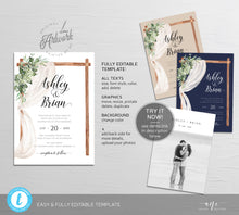 Load image into Gallery viewer, Rustic Arch Greenery Wedding Invitation Set Printable Template, Eucalyptus, Baby's Breath, Country Barn Boho, 100% Editable Download DIY 018