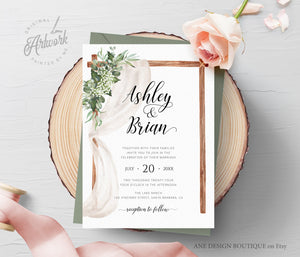 Rustic Arch Greenery Wedding Invitation Set Printable Template, Eucalyptus, Baby's Breath, Country Barn Boho, 100% Editable Download DIY 018