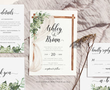 Load image into Gallery viewer, Rustic Arch Greenery Wedding Invitation Set Printable Template, Eucalyptus, Baby&#39;s Breath, Country Barn Boho, 100% Editable Download DIY 018
