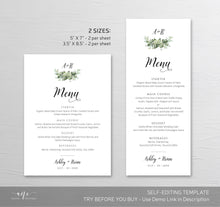 Load image into Gallery viewer, Rustic Greenery Wedding Menu Template, Eucalyptus Monogram Printable Dinner Menu Card, Bridal Shower Menu, Fully Editable Download DIY 018
