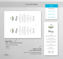 Load image into Gallery viewer, Rustic Greenery Wedding Menu Template, Eucalyptus Monogram Printable Dinner Menu Card, Bridal Shower Menu, Fully Editable Download DIY 018