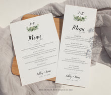 Load image into Gallery viewer, Rustic Greenery Wedding Menu Template, Eucalyptus Monogram Printable Dinner Menu Card, Bridal Shower Menu, Fully Editable Download DIY 018