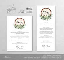 Load image into Gallery viewer, Rustic Greenery Wedding Menu Template, Eucalyptus Wood Slice Printable Dinner Menu Card, Bridal Shower Menu, Fully Editable Download DIY 018