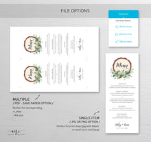 Load image into Gallery viewer, Rustic Greenery Wedding Menu Template, Eucalyptus Wood Slice Printable Dinner Menu Card, Bridal Shower Menu, Fully Editable Download DIY 018