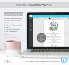 Load image into Gallery viewer, Rustic Greenery Wedding Menu Template, Eucalyptus Wood Slice Printable Dinner Menu Card, Bridal Shower Menu, Fully Editable Download DIY 018