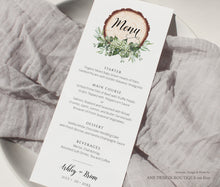 Load image into Gallery viewer, Rustic Greenery Wedding Menu Template, Eucalyptus Wood Slice Printable Dinner Menu Card, Bridal Shower Menu, Fully Editable Download DIY 018