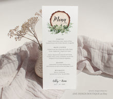 Load image into Gallery viewer, Rustic Greenery Wedding Menu Template, Eucalyptus Wood Slice Printable Dinner Menu Card, Bridal Shower Menu, Fully Editable Download DIY 018