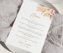 Load image into Gallery viewer, Pampas grass Wedding Menu Template, Boho Dried Grass Printable Dinner Menu Card, Tropical Bridal Shower Menu Fully Editable Download DIY 017