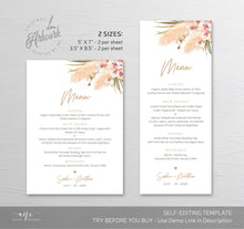 Load image into Gallery viewer, Pampas grass Wedding Menu Template, Boho Dried Grass Printable Dinner Menu Card, Tropical Bridal Shower Menu Fully Editable Download DIY 017